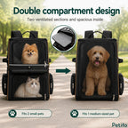 Convertible pet backpack design layout showing how the internal divider converts a two-pet carrier into a single large pet space.