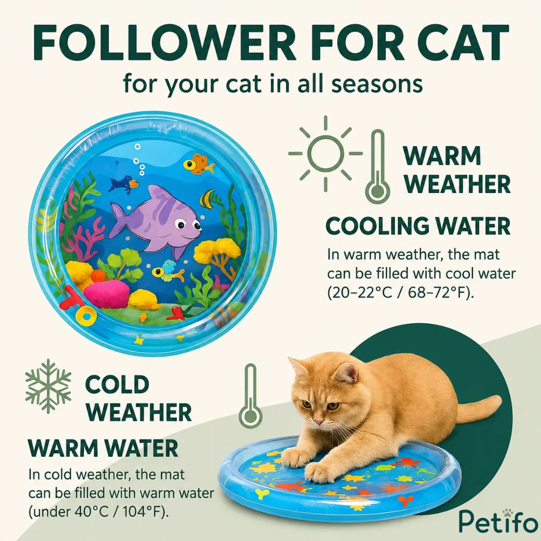 Instructions showing how to fill the cat water mat with cool or warm water for different seasons.