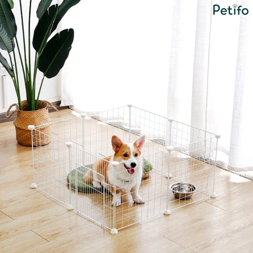 Corgi puppy resting inside a portable Petifo white wire dog playpen with a feeding bowl.