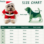 Dog Santa Claus costume size chart with neck, chest, and back measurements.