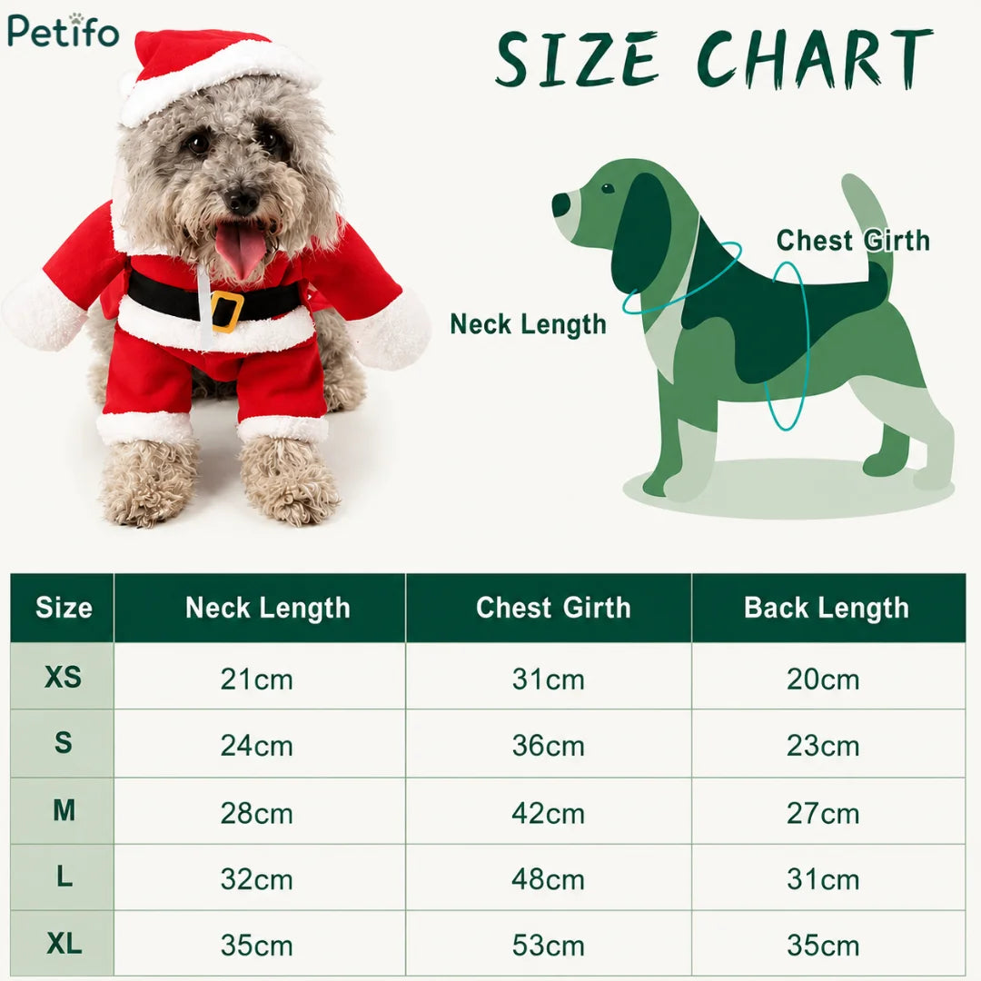 Dog Santa Claus costume size chart with neck, chest, and back measurements.