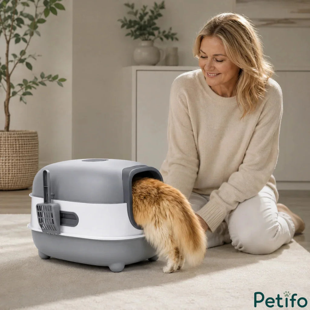 Woman smiling while looking at her cat entering a covered grey and white cat litter box in a bright living room.