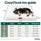 CozyCloud size guide with dimensions and weight guidance from S to XXL