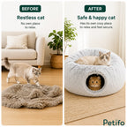 A before-and-after comparison showing an active cat transitioning from a plain floor mat to feeling secure inside a cozy donut tunnel bed.