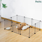 Cute puppy sleeping on a cozy bed inside a Petifo black wire dog playpen at home.