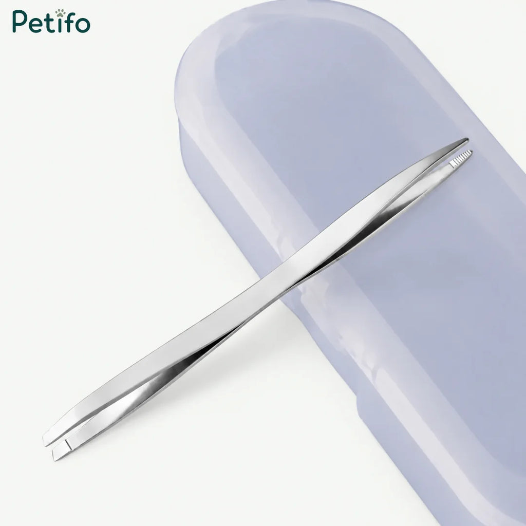 Precision stainless steel curved tweezer resting on top of a clear storage case.