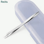 Precision stainless steel curved tweezer resting on top of a clear storage case.