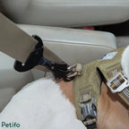 Petifo seat belt connector clipped into dog harness D-ring inside vehicle