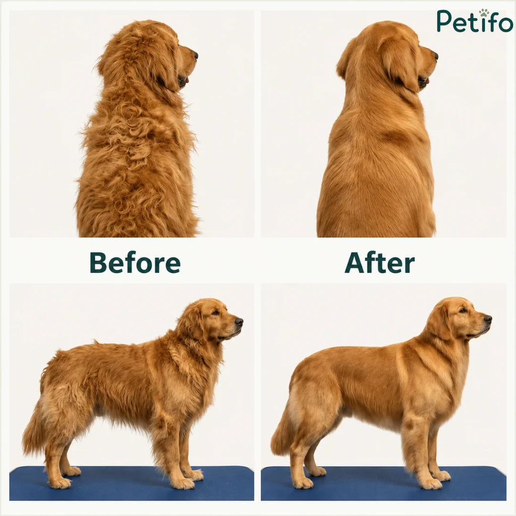 Before and after comparison showing the grooming and de-shedding results of a golden retriever using a pet brush.