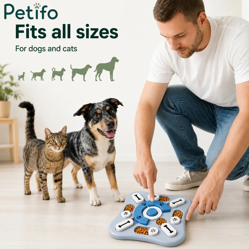 Pet owner demonstrating Petifo interactive slow feeder puzzle toy for dog and cat