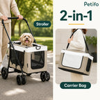 Infographic demonstrating the Petifo 2-in-1 design, showing both stroller usage on a path and detachable carrier bag mode being carried over the shoulder.