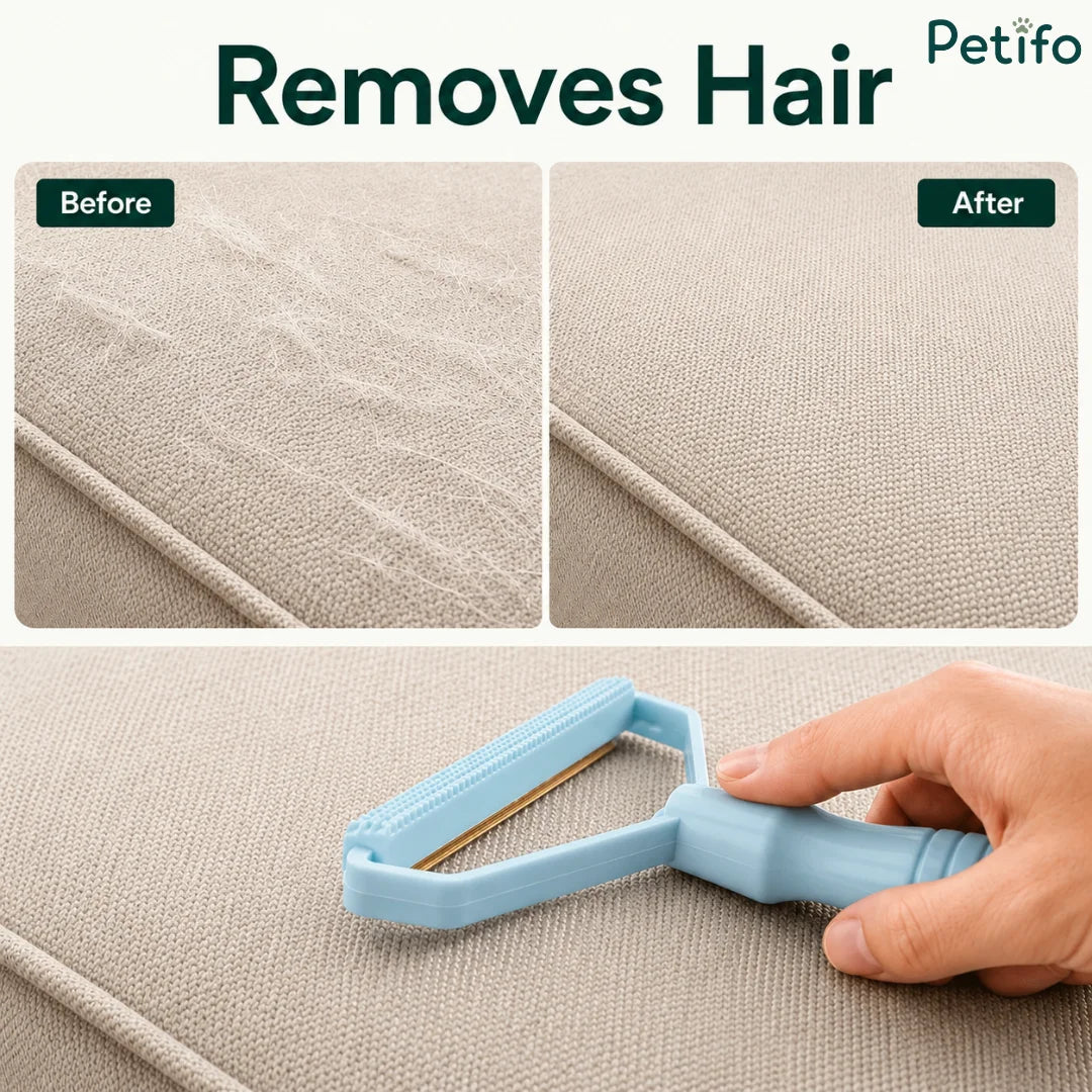 Before and after demonstration of the pet hair remover cleaning pet hair off a fabric sofa.