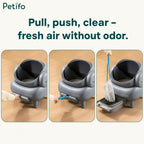 A three-step demonstration showing how to clean a grey Petifo automatic cat litter box by pulling the waste drawer, pulling the drawstring bag, and lifting the sealed waste bag out.
