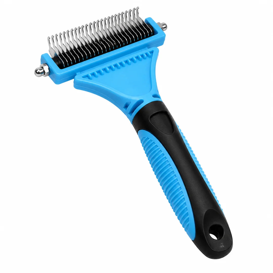 Petifo blue and black double-sided pet deshedding comb.