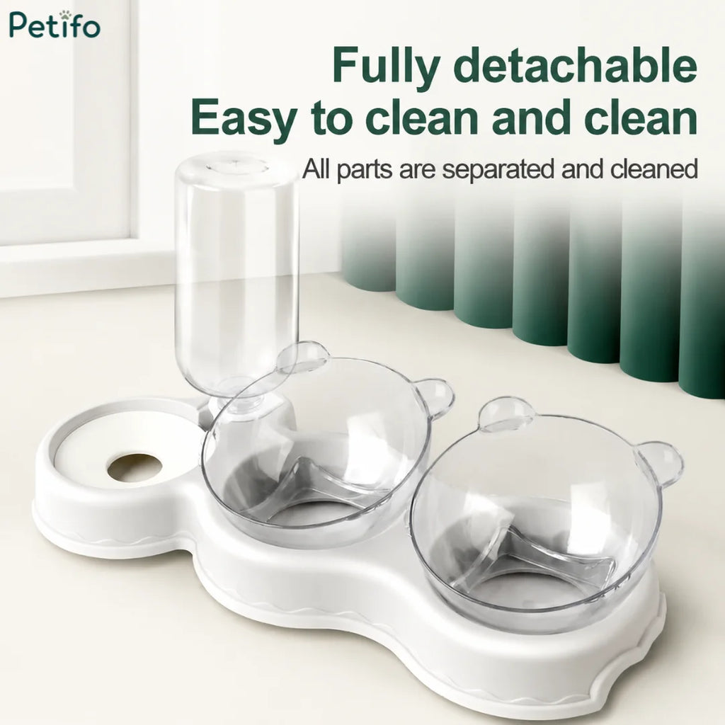 Fully detachable Petifo cat bowl and water dispenser showing separated cleaning parts.