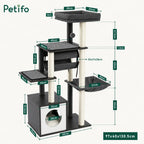 Detailed dimensioned diagram of the Petifo cat tree tower, illustrating the height, width, and depth of the wooden condo, platforms, and scratching posts in centimeters and inches.130.5cm