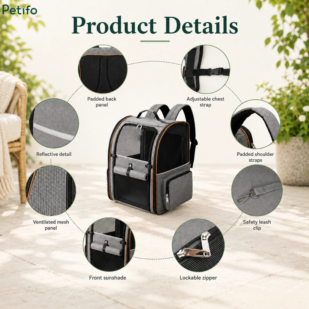 Detailed product breakdown of the Petifo pet carrier highlighting its padded back panel, adjustable chest strap, padded shoulder straps, safety leash clip, lockable zipper, front sunshade, ventilated mesh panels, and reflective details.