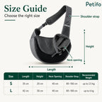 Detailed size guide chart showing length, height, neck opening, and weight capacities for pet sling bags.