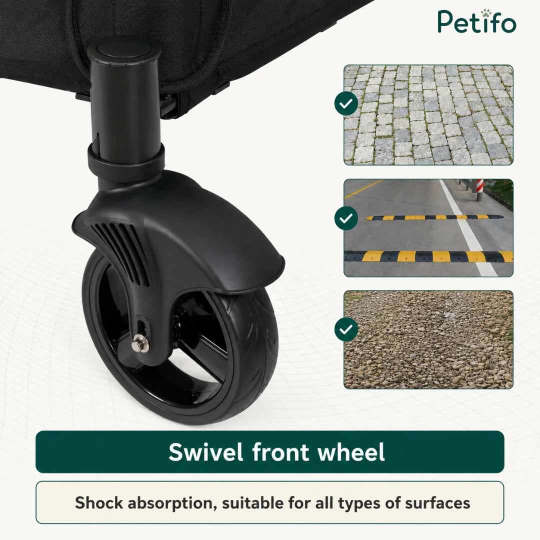 Detailed view of the 360-degree swivel front wheel on a pet stroller with shock absorption for multiple terrain types