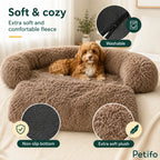 Close-up details of the Petifo dog bed highlighting the non-slip bottom, machine-washable zipper, and extra-soft plush fleece.