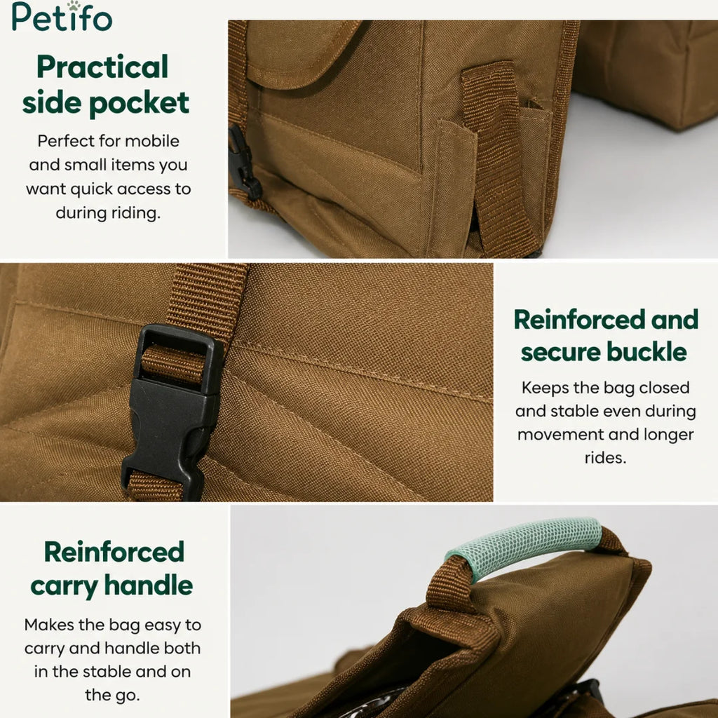 Details showing the side pocket, secure buckle, and reinforced carry handle of the equestrian bag.