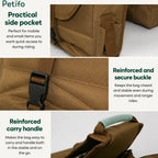 Details showing the side pocket, secure buckle, and reinforced carry handle of the equestrian bag.