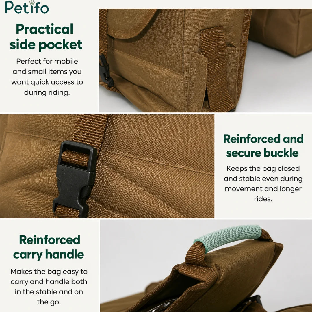 Details showing the side pocket, secure buckle, and reinforced carry handle of the equestrian bag.
