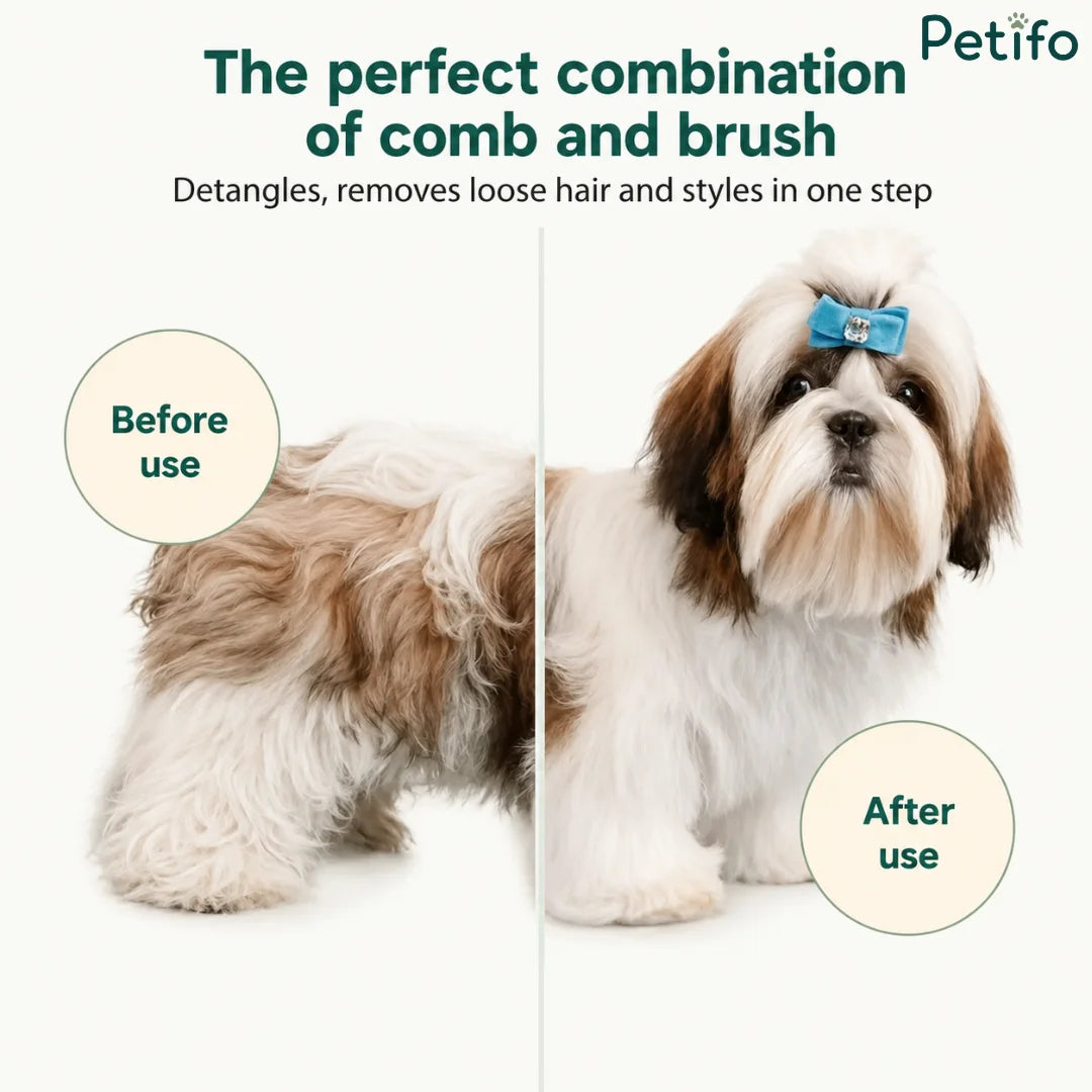 Before and after results of a Shih Tzu using the Petifo pet grooming and detangling brush.