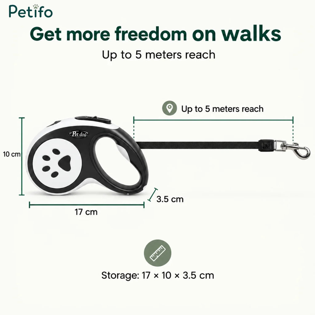 A product dimension diagram showing a 5-meter reach, 17 cm length, 10 cm height, and 3.5 cm width for the retractable leash.