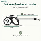 A product dimension diagram showing a 5-meter reach, 17 cm length, 10 cm height, and 3.5 cm width for the retractable leash.