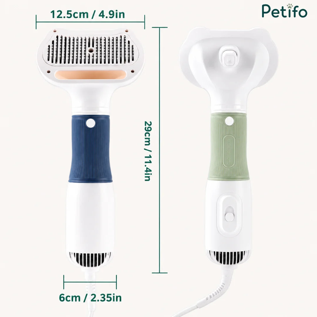 Petifo pet grooming dryer dimension and size chart highlighting measurements in centimeters and inches.