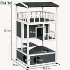Dimension diagram of the multi-level wooden cat house showing height, width, and opening measurements.