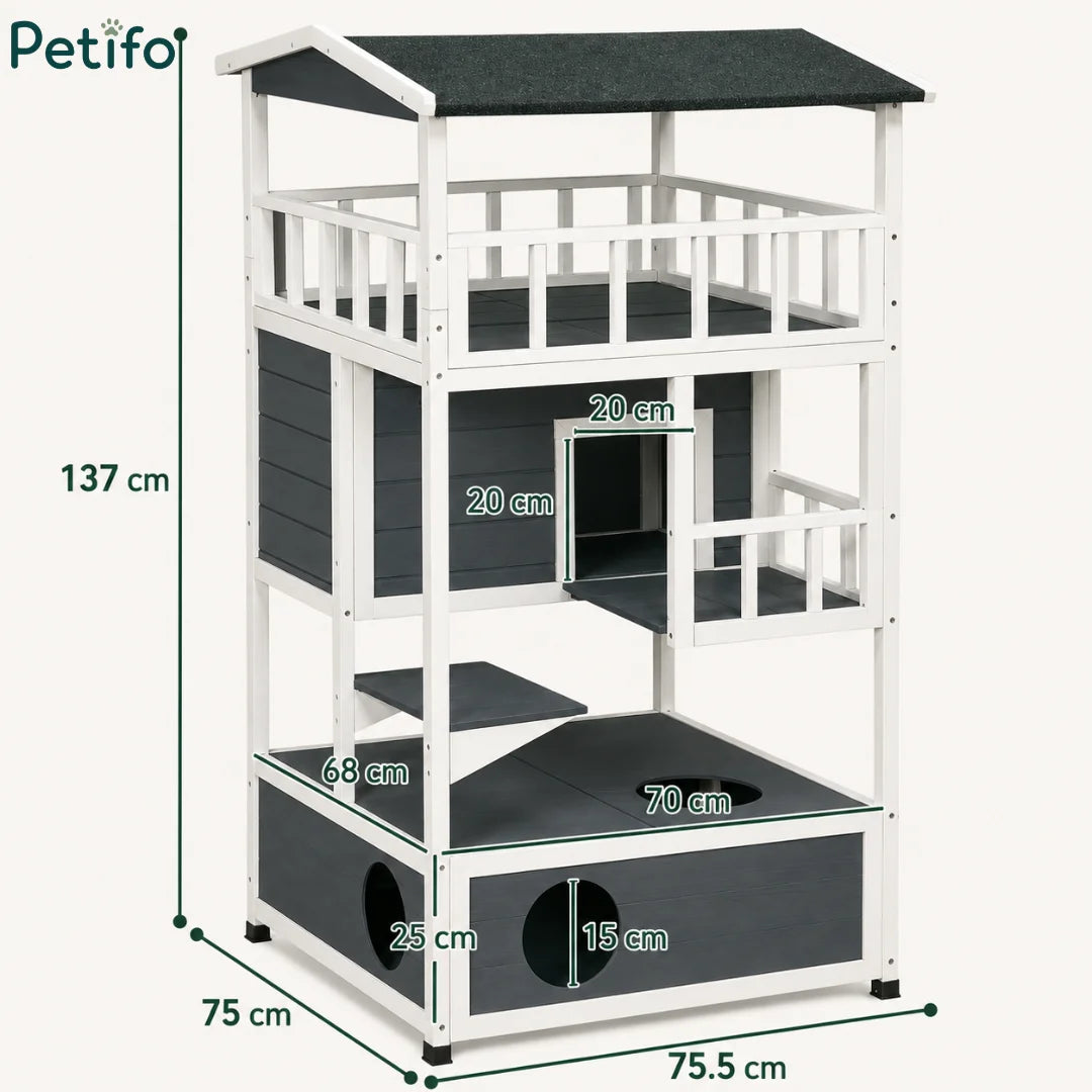 Dimension diagram of the multi-level wooden cat house showing height, width, and opening measurements.