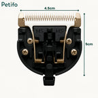 Product dimension diagram of the Petifo trimmer blade attachment showing a width of 4.5cm and a height of 5cm, highlighting the inner spring mechanism and ceramic-and-metal cutting teeth.
