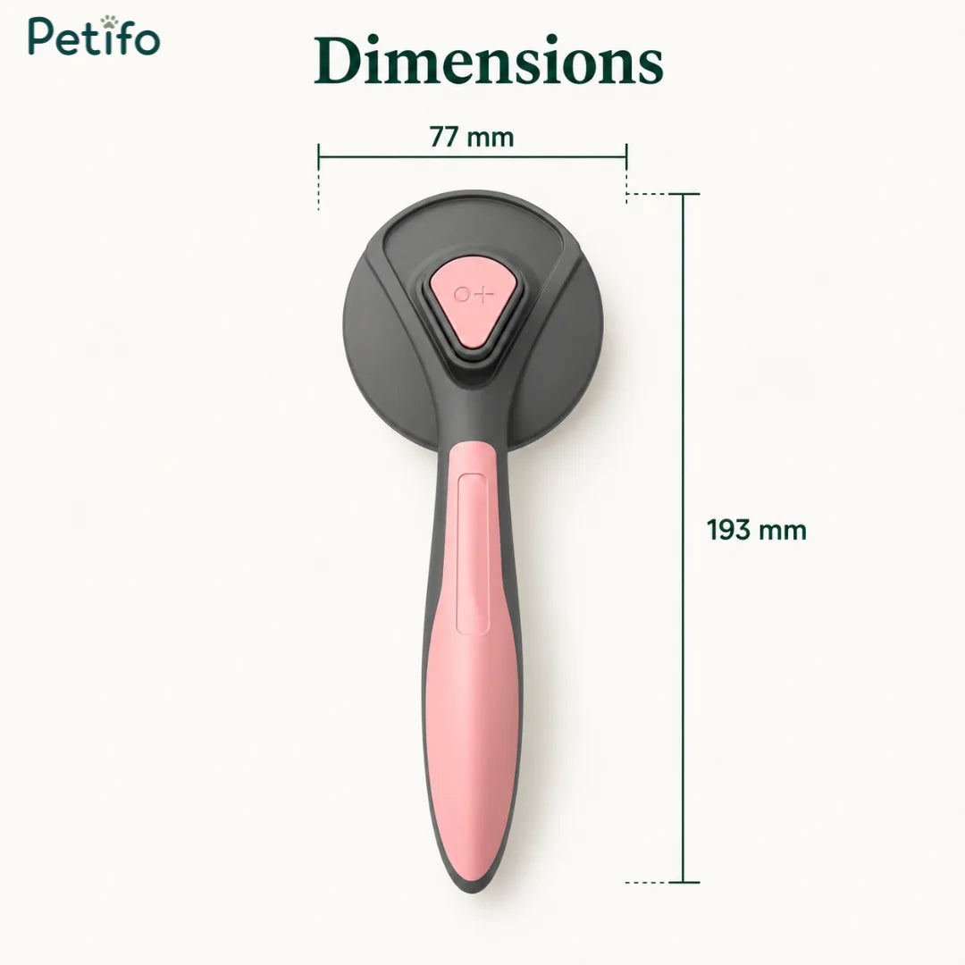 Dimension guide for the Petifo self-cleaning pet brush showing a width of 77 mm and a total length of 193 mm