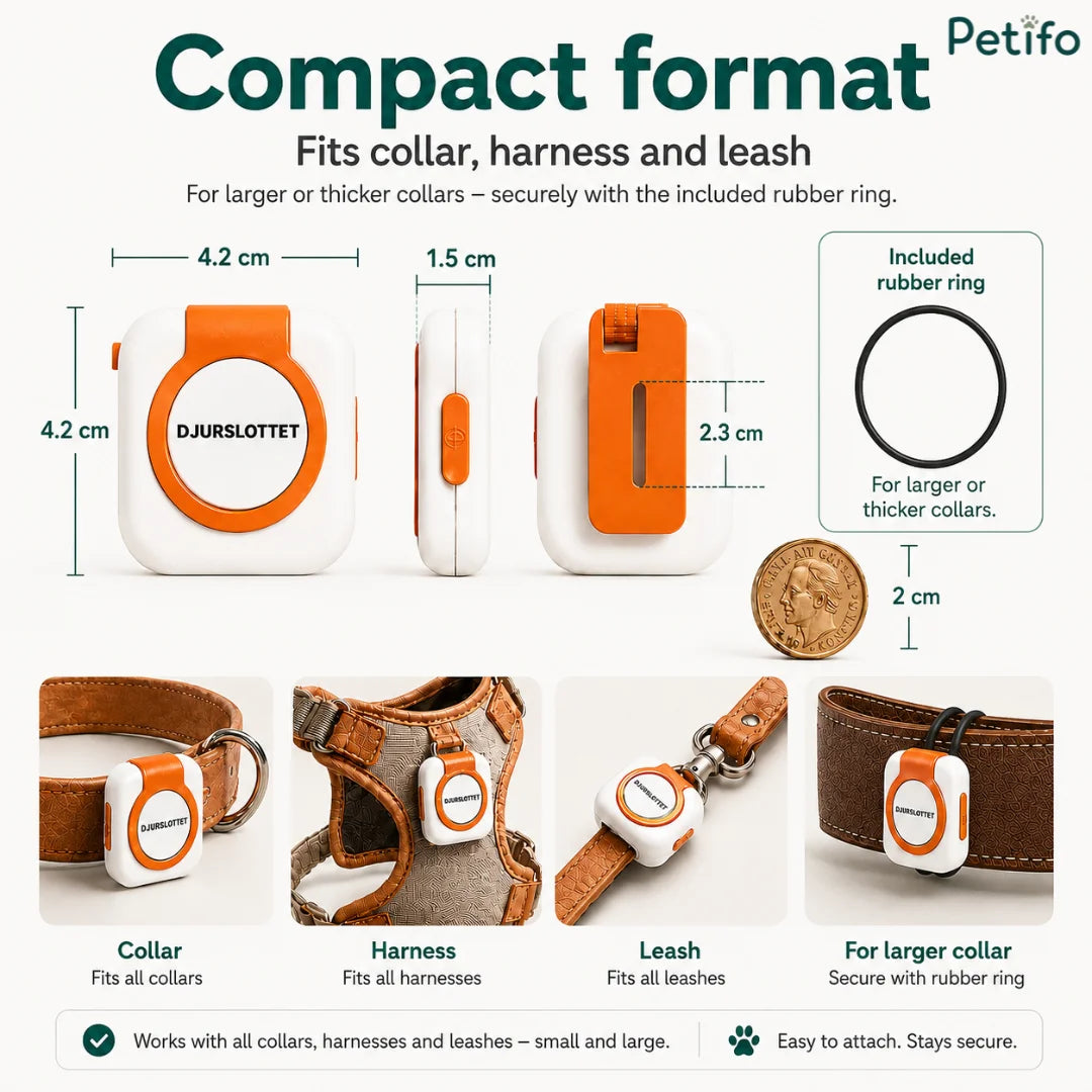 Dimension guide for the compact 4.2 cm by 4.2 cm Petifo tracker, demonstrating how it securely attaches to existing collars, harnesses, and leashes using a built-in clip or included rubber ring.