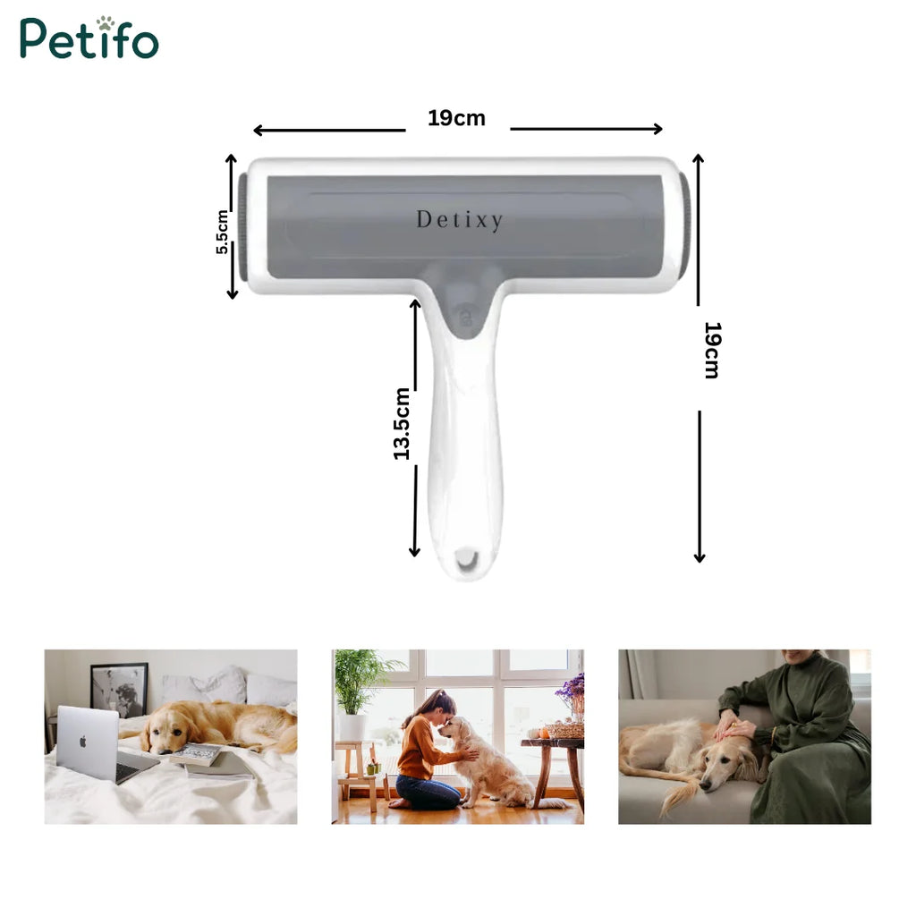 A product dimension guide for the white and grey Petifo pet hair remover, showing a length of 19cm, roller width of 5.5cm, and handle length of 13.5cm, accompanied by lifestyle photos of pets.