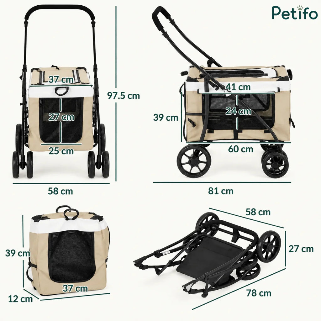 Detailed dimension and measurement infographic for the Petifo pet stroller, carrier bag, and folded frame configuration.