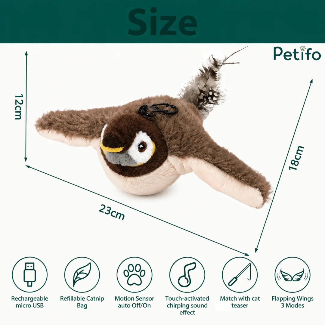A product dimension and feature overview graphic for the Petifo interactive bird toy showing measurements of 23cm length, 12cm height, and 18cm wingspan, along with icons detailing its rechargeable battery, refillable catnip bag, motion sensor, and flapping wing modes.