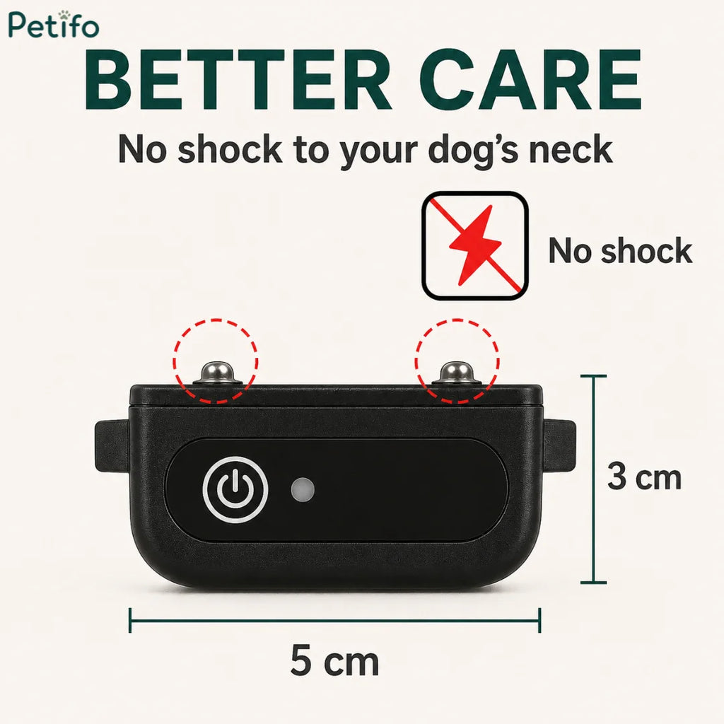 Close-up product diagram of the anti-bark collar highlighting its 5cm by 3cm dimensions and safe, shock-free design.