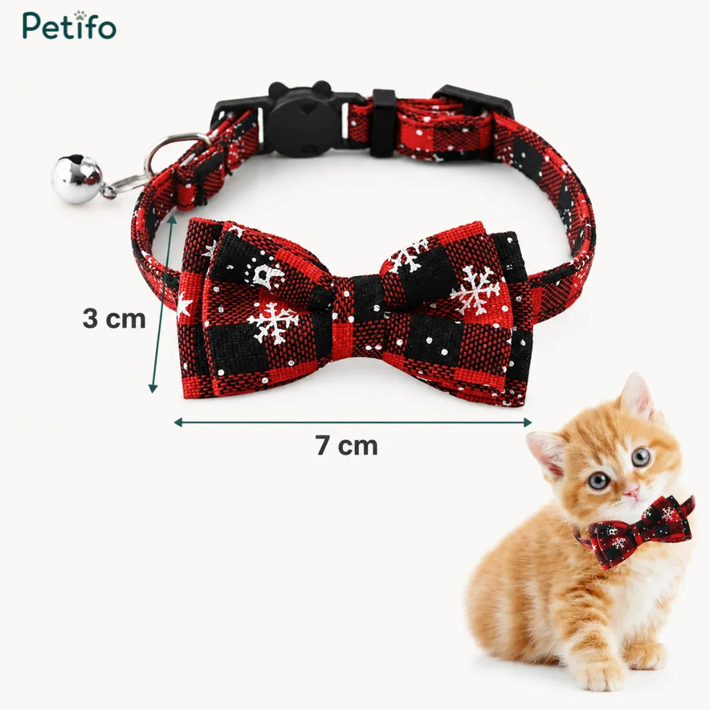 Cat collar dimensions showing a 3cm by 7cm bow tie and a small kitten.
