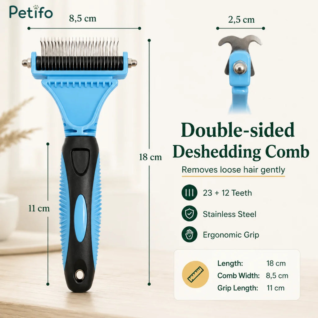 Petifo double-sided deshedding comb displaying key product dimensions including an 18 cm total length, 8.5 cm comb width, and 11 cm grip length.
