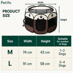 Product size chart showcasing the dimensions and dog capacity for medium and large Petifo playpens.