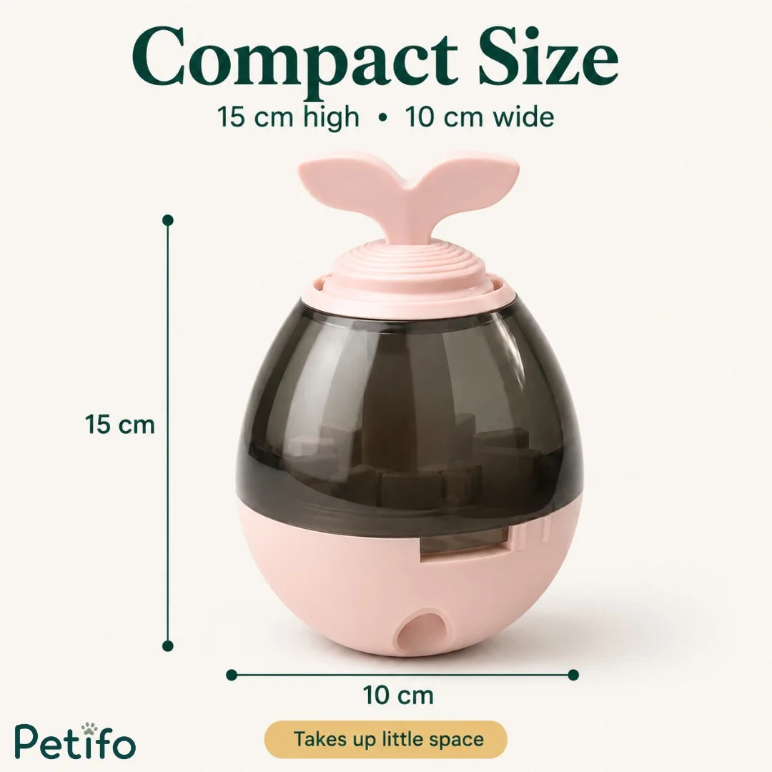 Dimensions diagram showing 15 cm height and 10 cm width of pink sprout treat dispenser toy