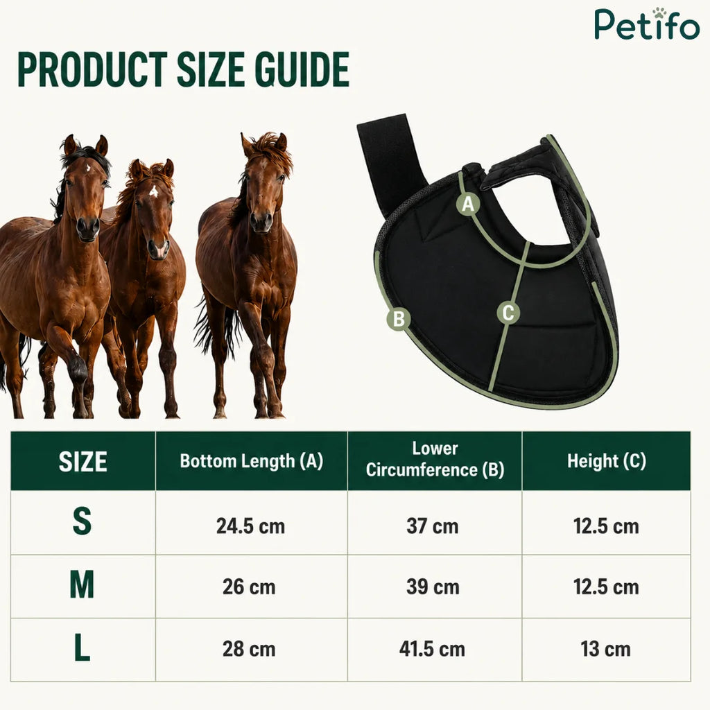Product size guide chart with dimensions for small, medium, and large horse bell boots