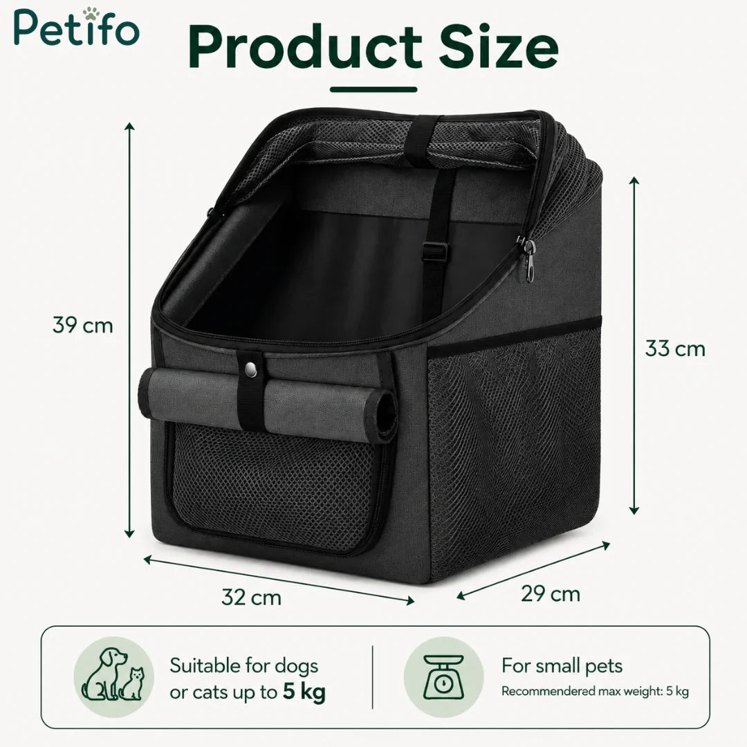 Dimensions and sizing infographic for the Petifo pet bike basket suitable for small pets up to 5 kg.