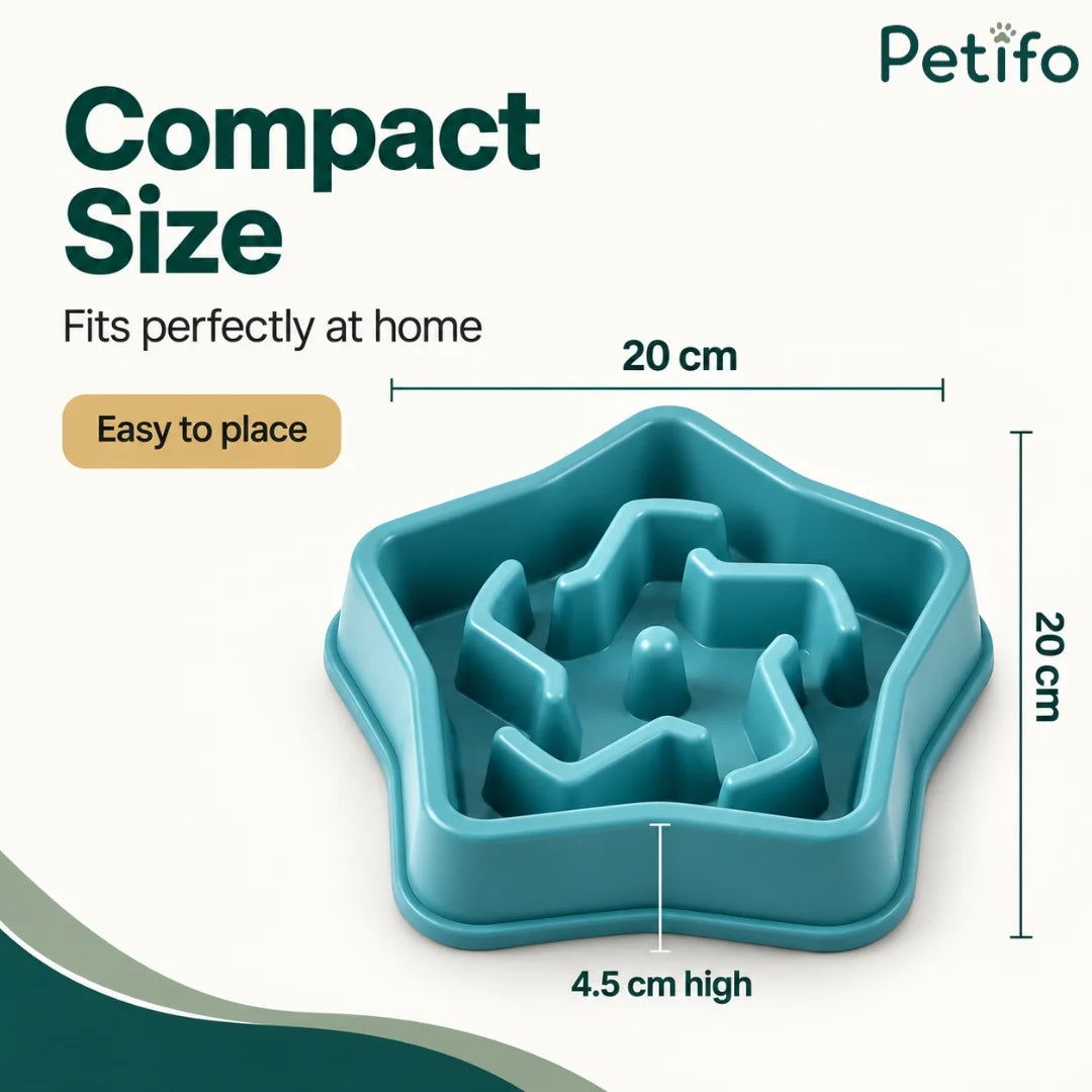 Dimensions diagram showing 20 cm width and 4.5 cm height of teal slow feeder bowl