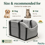 Dimensions graphic displaying 45 x 22 x 25 cm measurements and size recommendations for dogs and cats