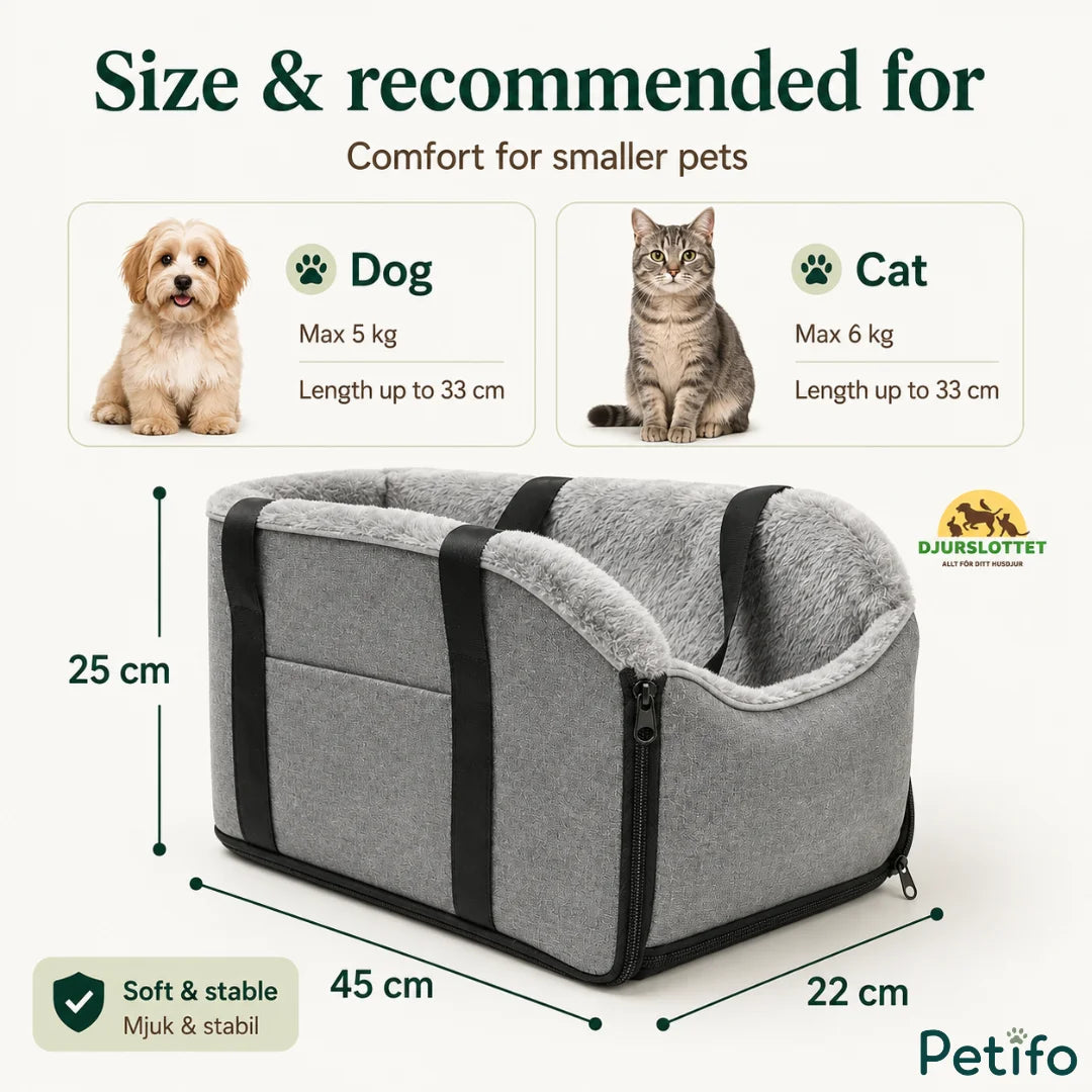 Dimensions graphic displaying 45 x 22 x 25 cm measurements and size recommendations for dogs and cats