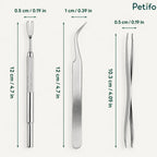 Detailed length dimensions in centimeters and inches for three stainless steel tick removal instruments.